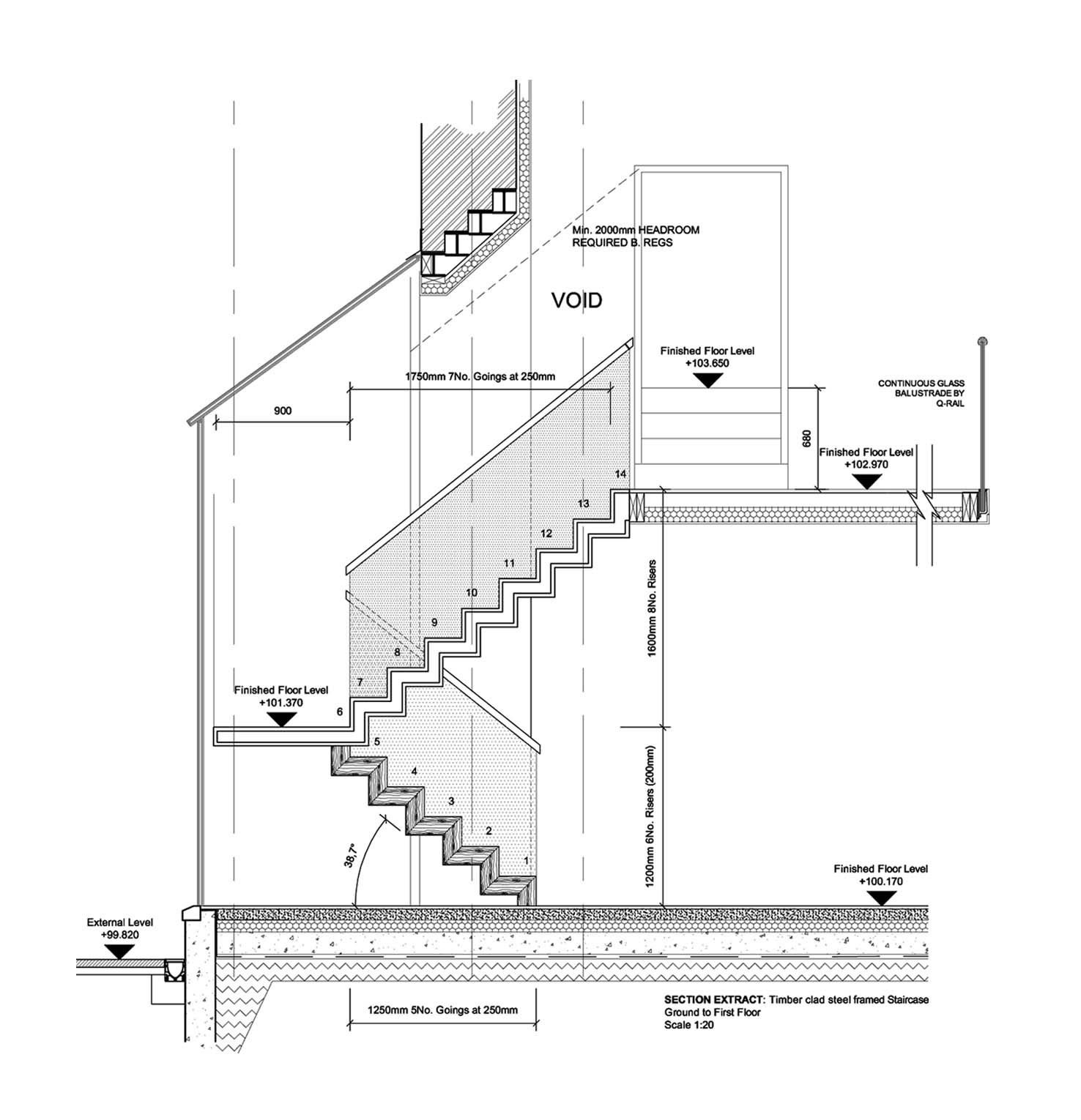 section drawing showing staircase, floor levels, opening and construction methods