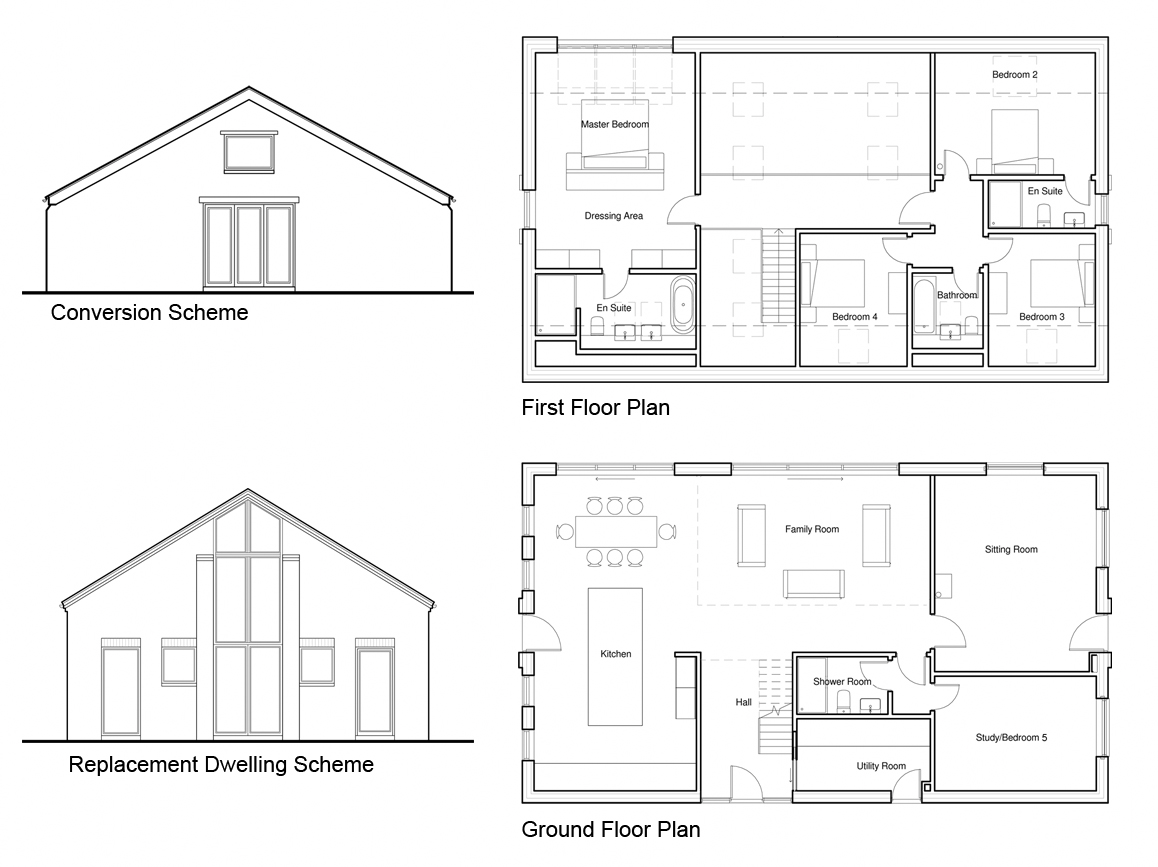 floor plans of bay tree barn and elevation showing how an extra storey was added