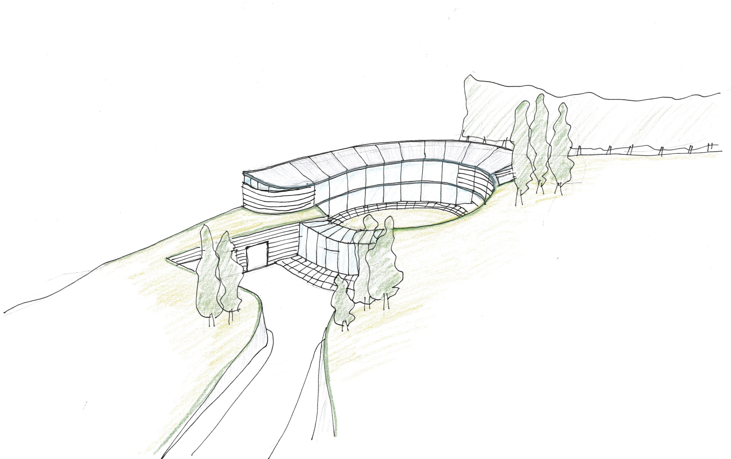 sketch of circular house with glazed facades, grass roofs, and zinc roofs with a central courtyard