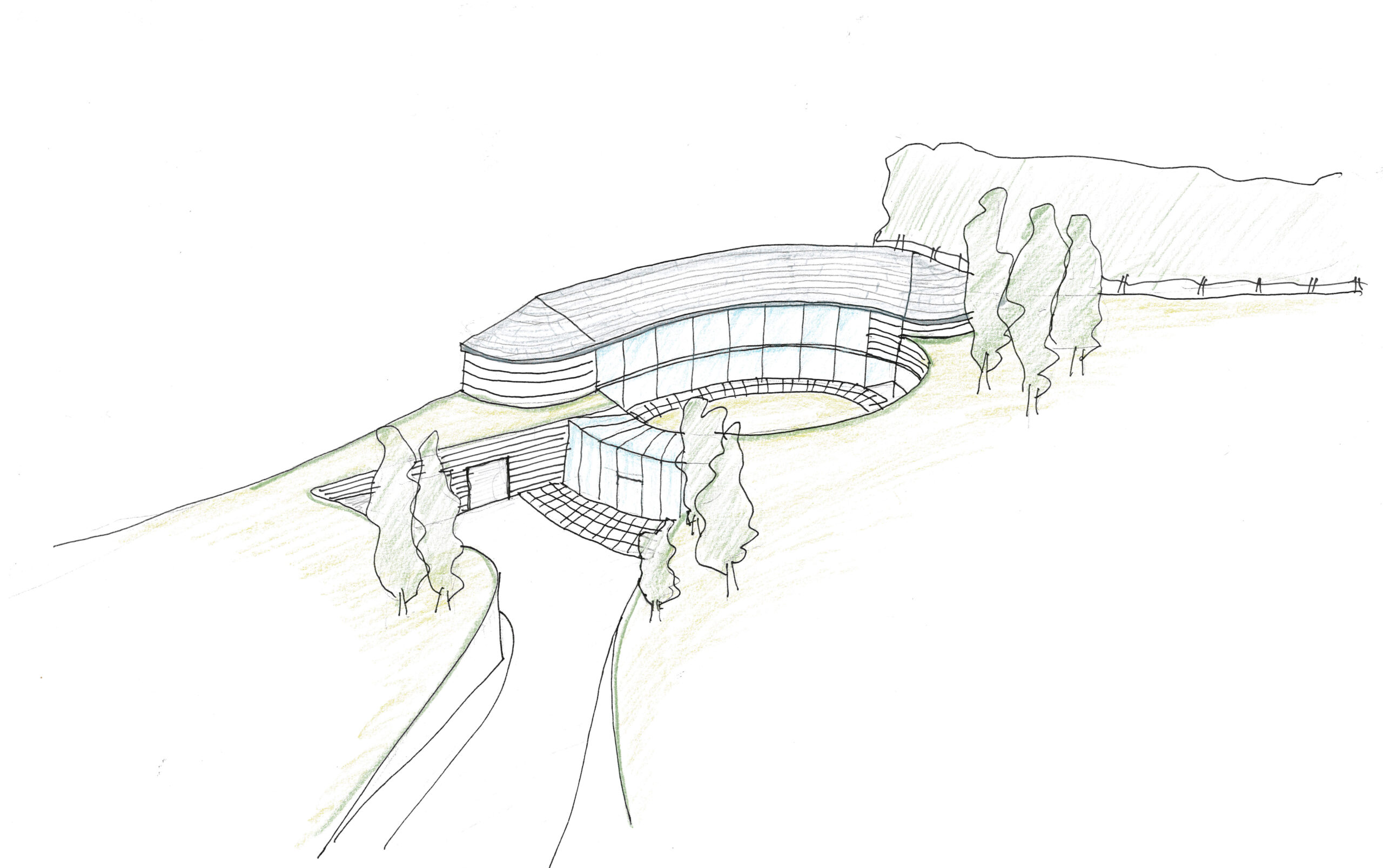 sketch of circular house with glazed facades, pitched roofs, and zinc roofs with a central courtyard