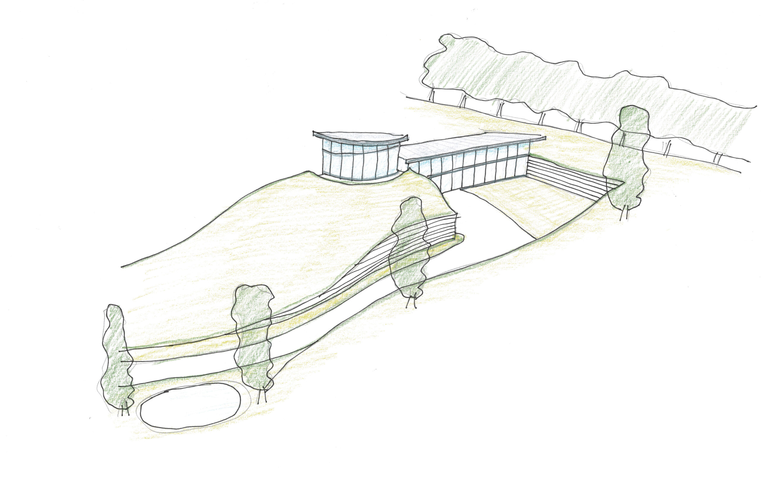 sketch of a linear house with glazed facades, grass roofs, and zinc roofs with elevated circular space