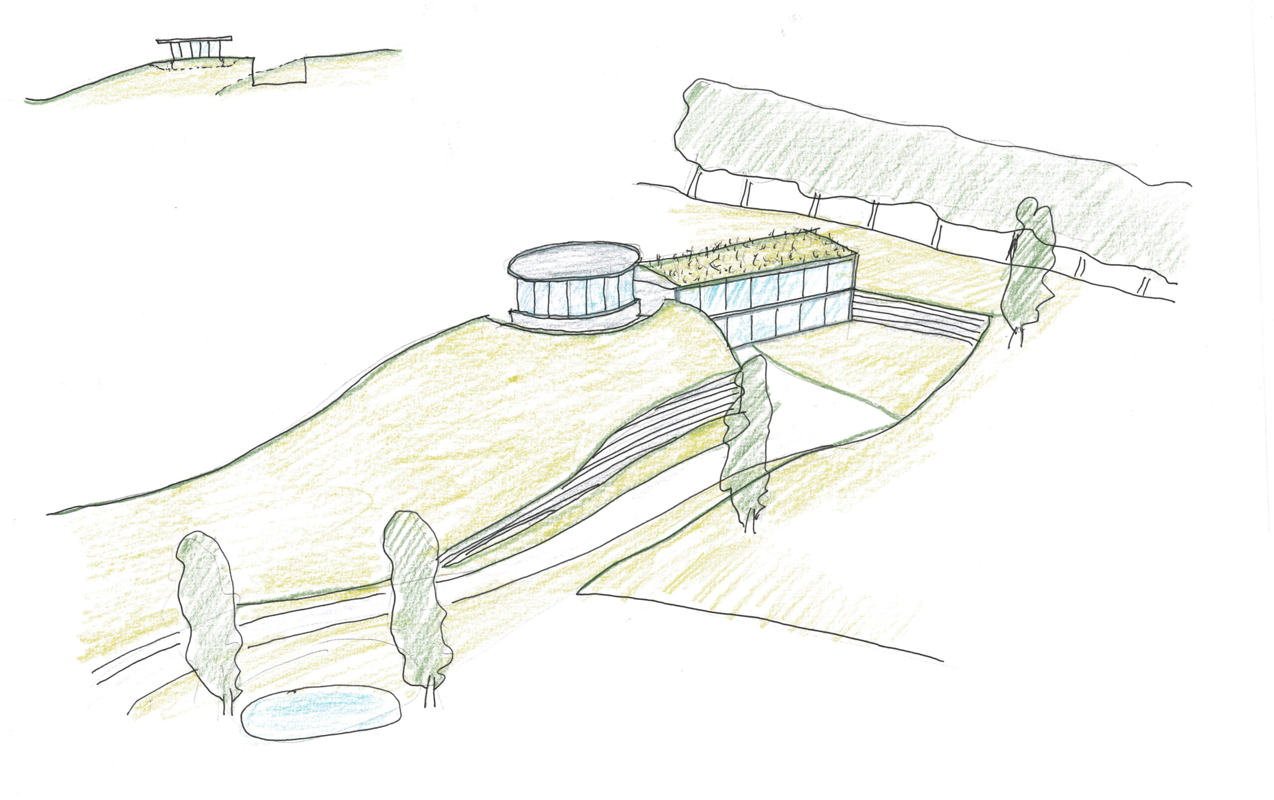 sketch of a linear house with glazed facades and grass roofs with elevated circular space