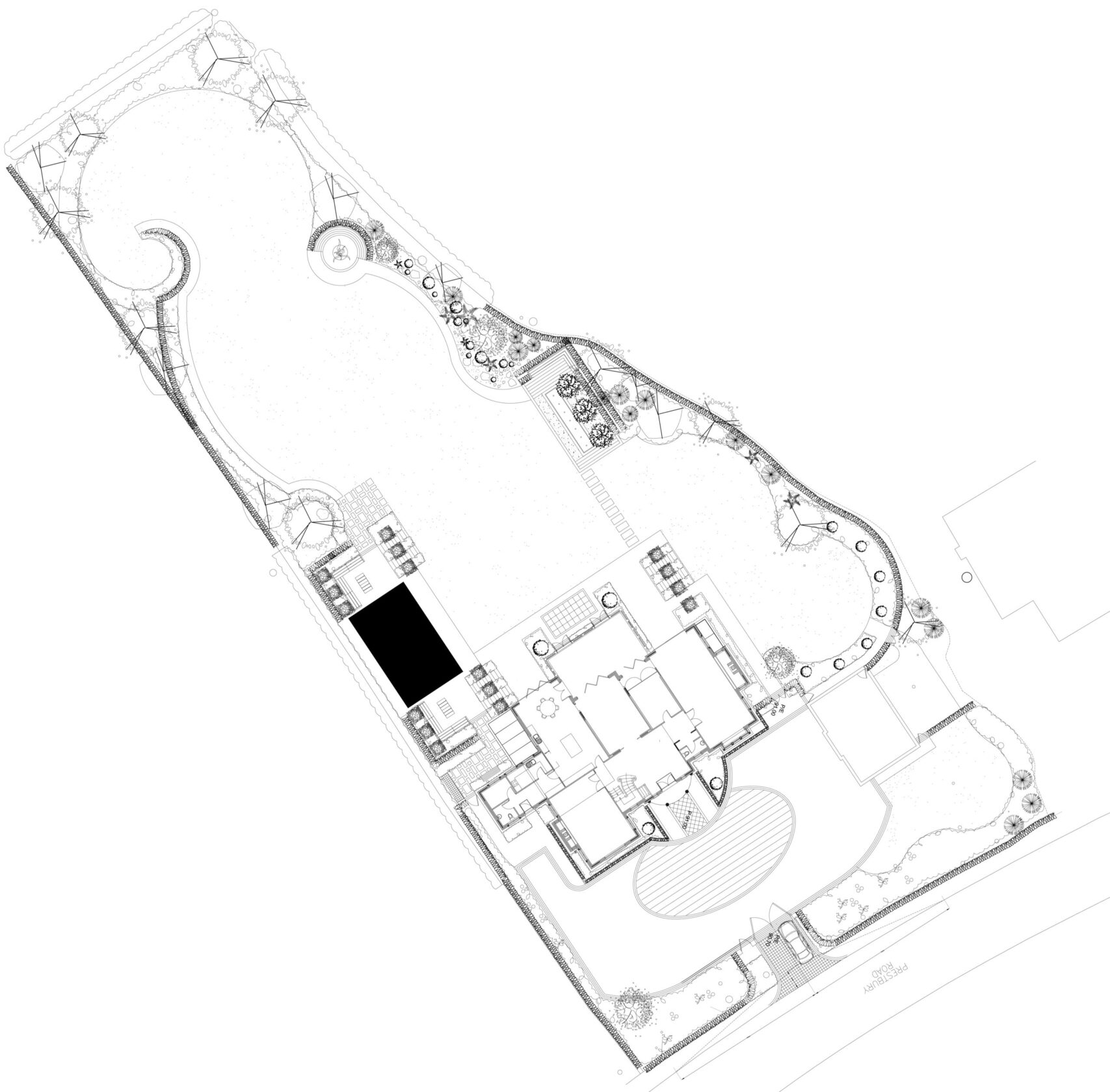 Prestbury Road site plan site plan showing setting of the replacement dwelling and outbuilding in a curated garden