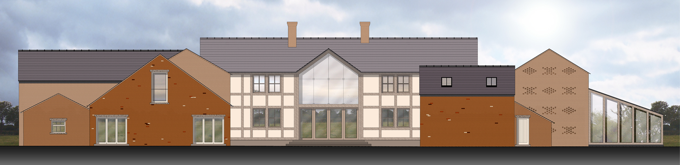 elevation drawing showing converted barns, new replacement dwelling and new extensions
