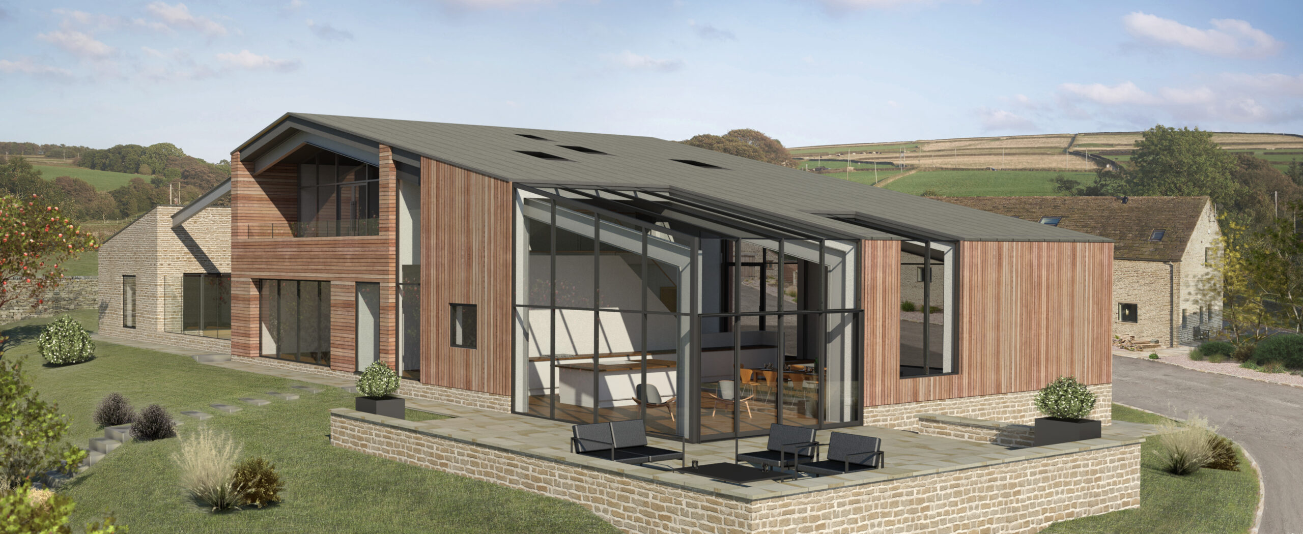 stone, timber and glazed barn conversion with zinc roof offering expansive views of the surrounding countryside