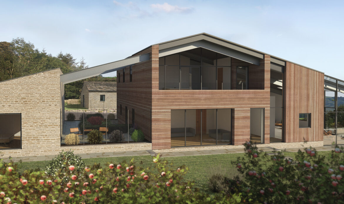 stone, timber and glazed barn conversion with zinc roof offering expansive views of the surrounding countryside