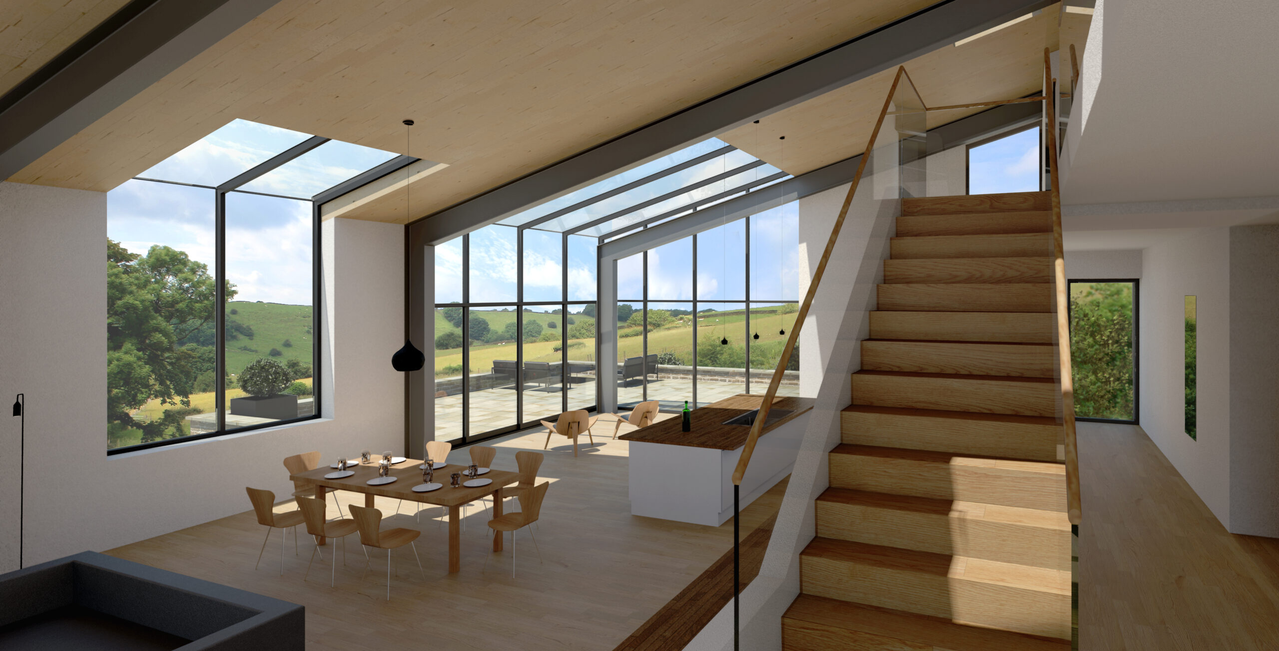 open plan living space with open staircase with glass balustrade