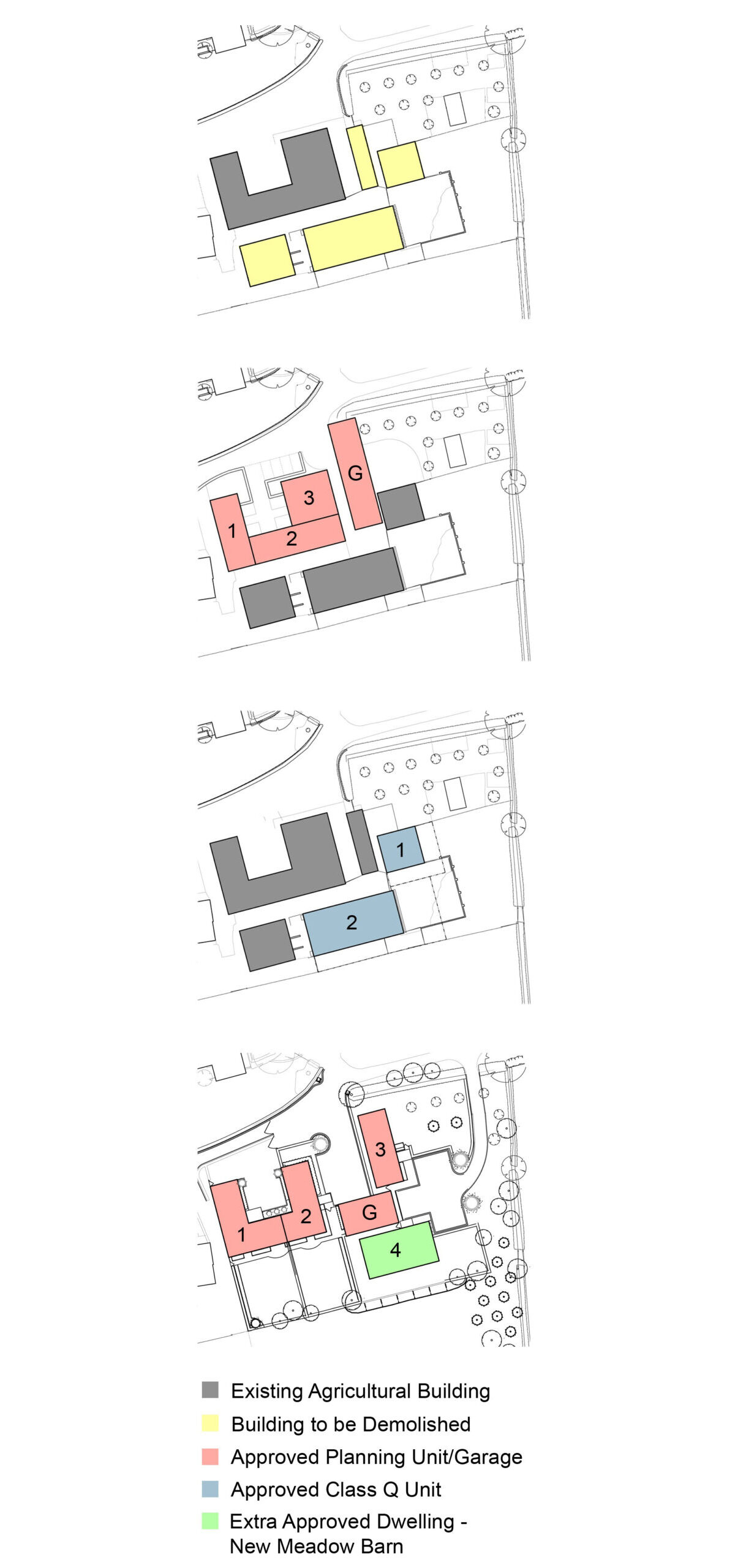 stages completed to achieve the masterplan at Kermincham Hall Barns including Class Q barn conversions, planning applications and replacement dwellings.