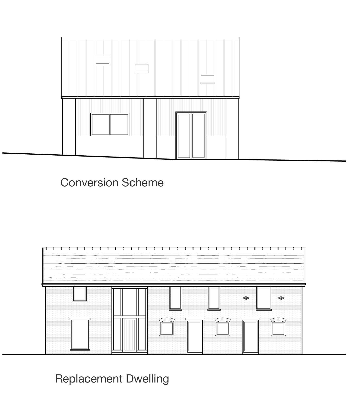 line drawing showing the existing and proposed elevations of New Orchard Barn