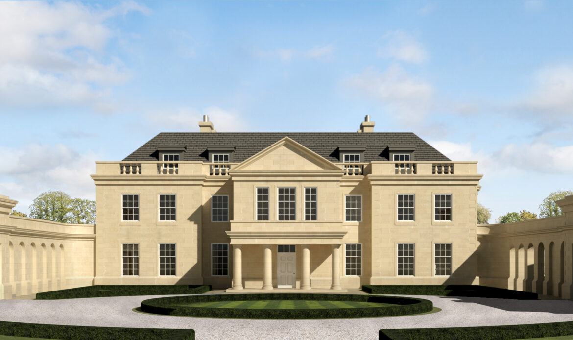 Georgian style stone replacement dwelling with formal entrance, garage wings and enclosed entrance courtyard