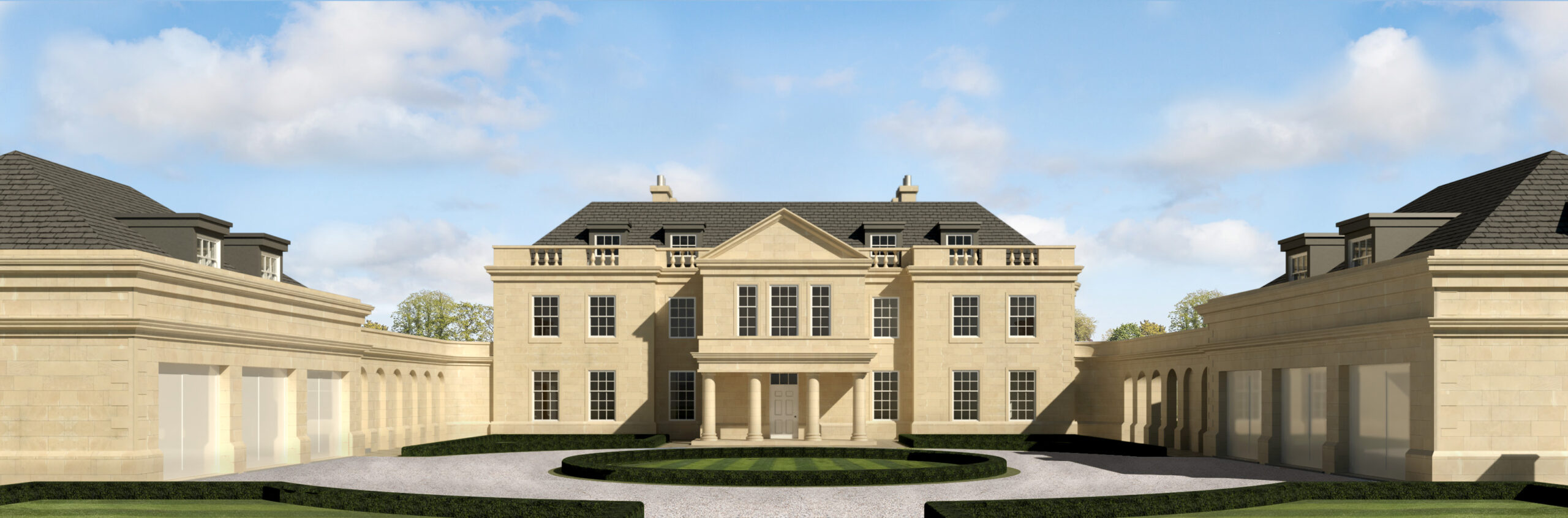 Georgian style stone replacement dwelling with formal entrance, garage wings and enclosed entrance courtyard