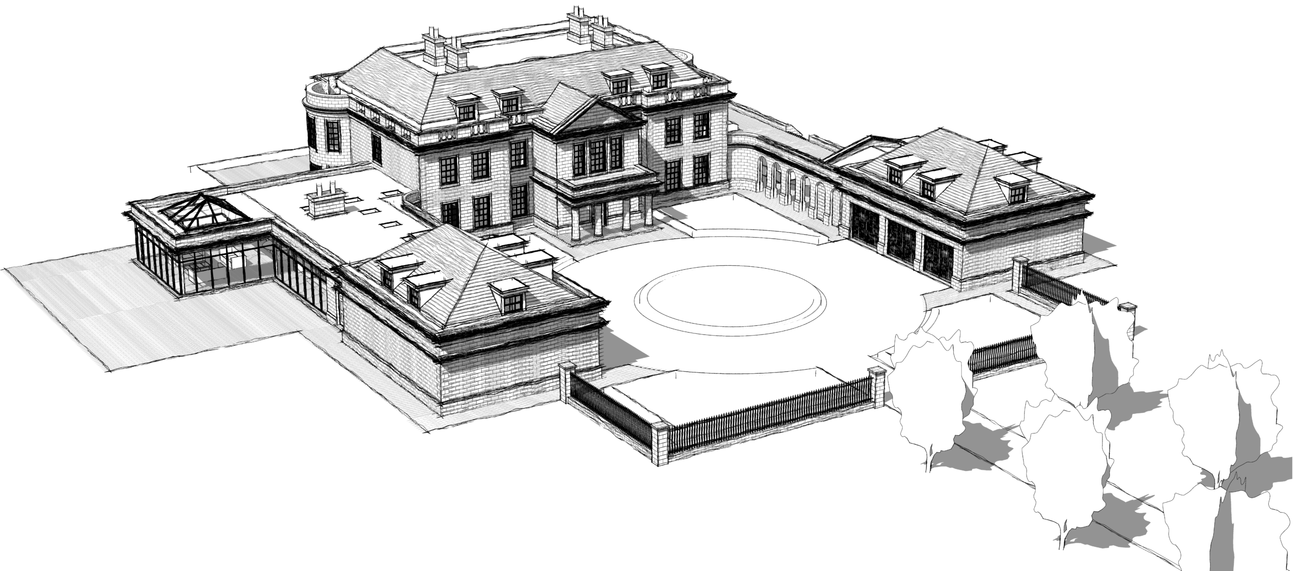 line drawn perspective of Court House with enclosed entrance courtyard and formal entrance