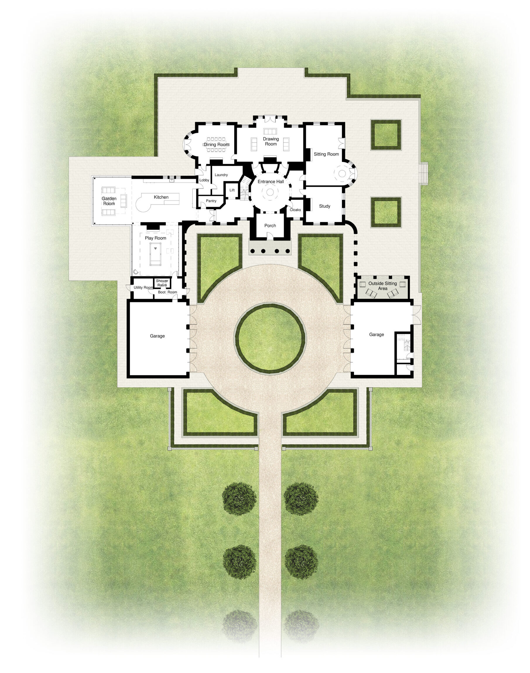 coloured plan of the Court House with formal courtyard entrance and garage wings