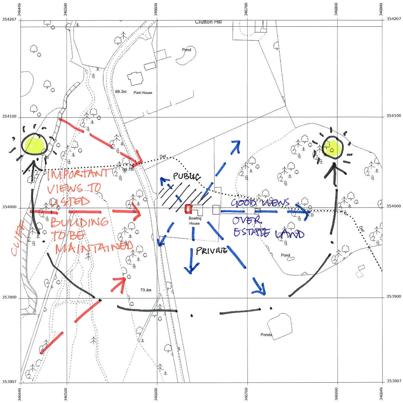 site strategy sketch of the Court House noting key views, sun path and public/private distinctions