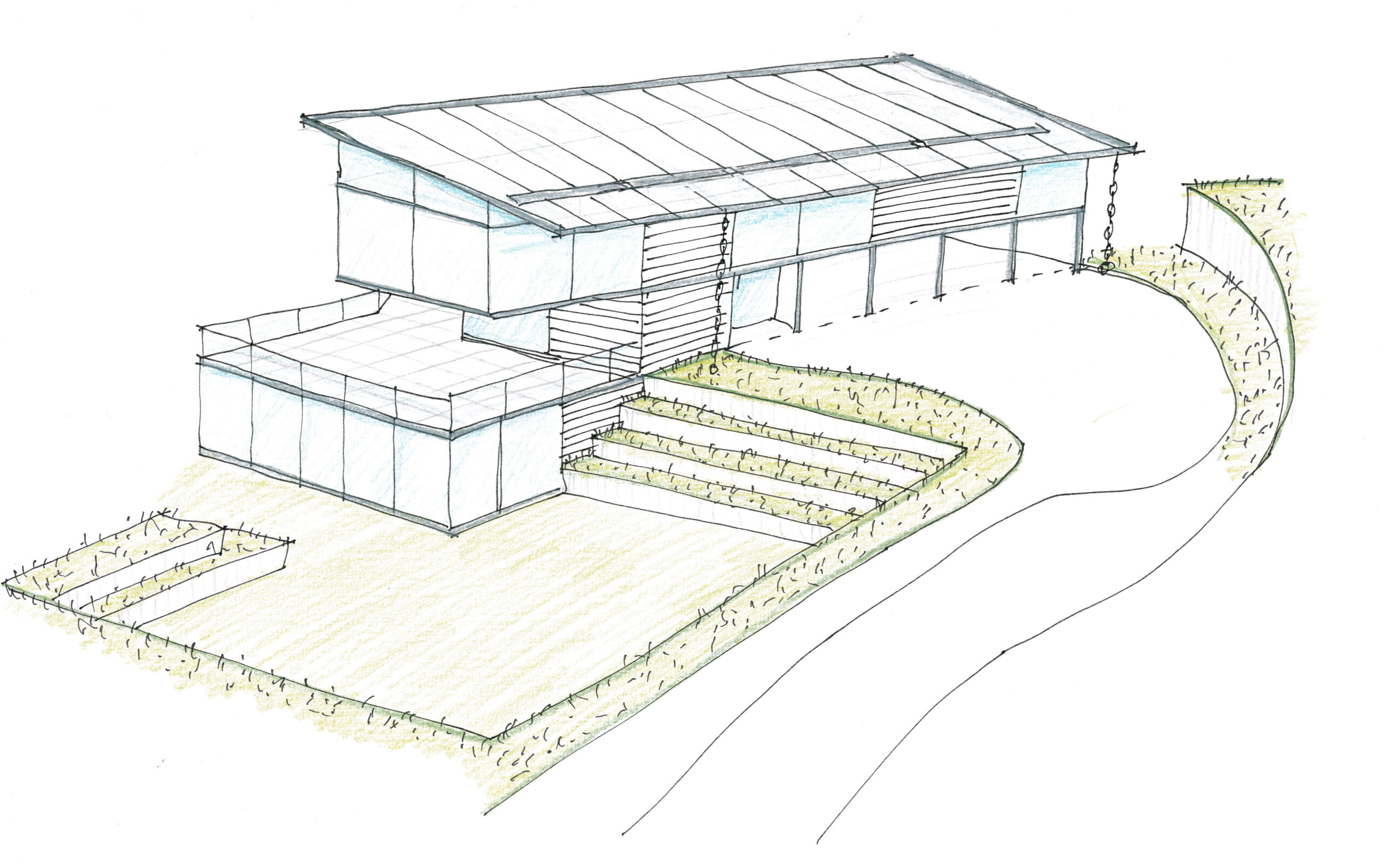 sketch of a house with glazed facades and zinc roof with large balcony spaces and sunken garden area