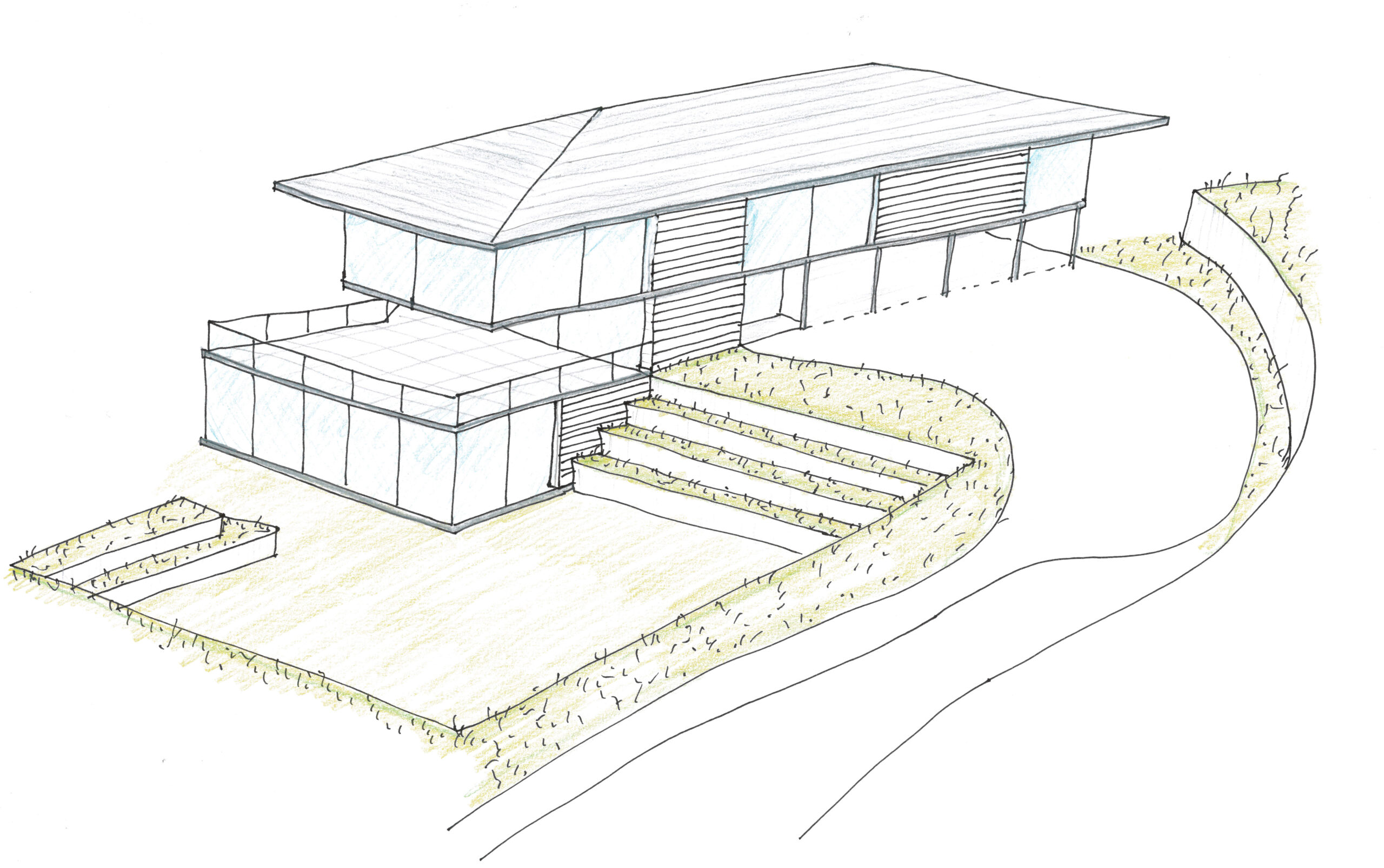 sketch of a house with glazed facades and pitched roof with large balcony spaces and sunken garden area