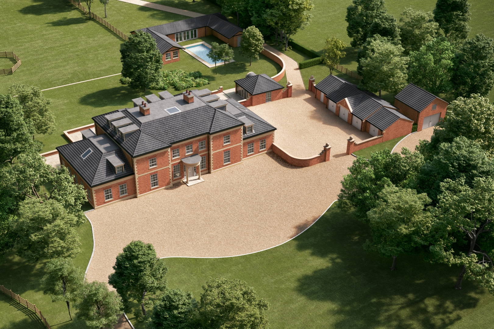aerial view of Chaseley Farm with gravel driveway to brick replacement dwelling and detached garage and summer house