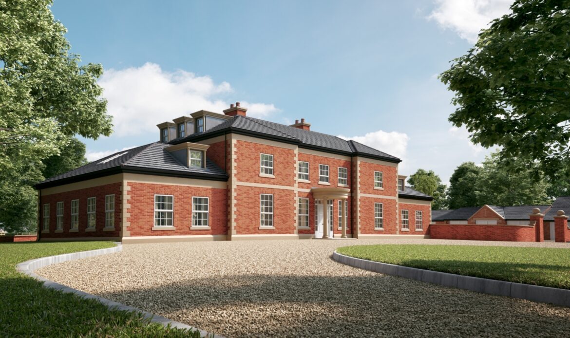 CGI of Chaseley Farm brick replacement dwelling with stone quoins, portico and details with gravel driveway and detached garage