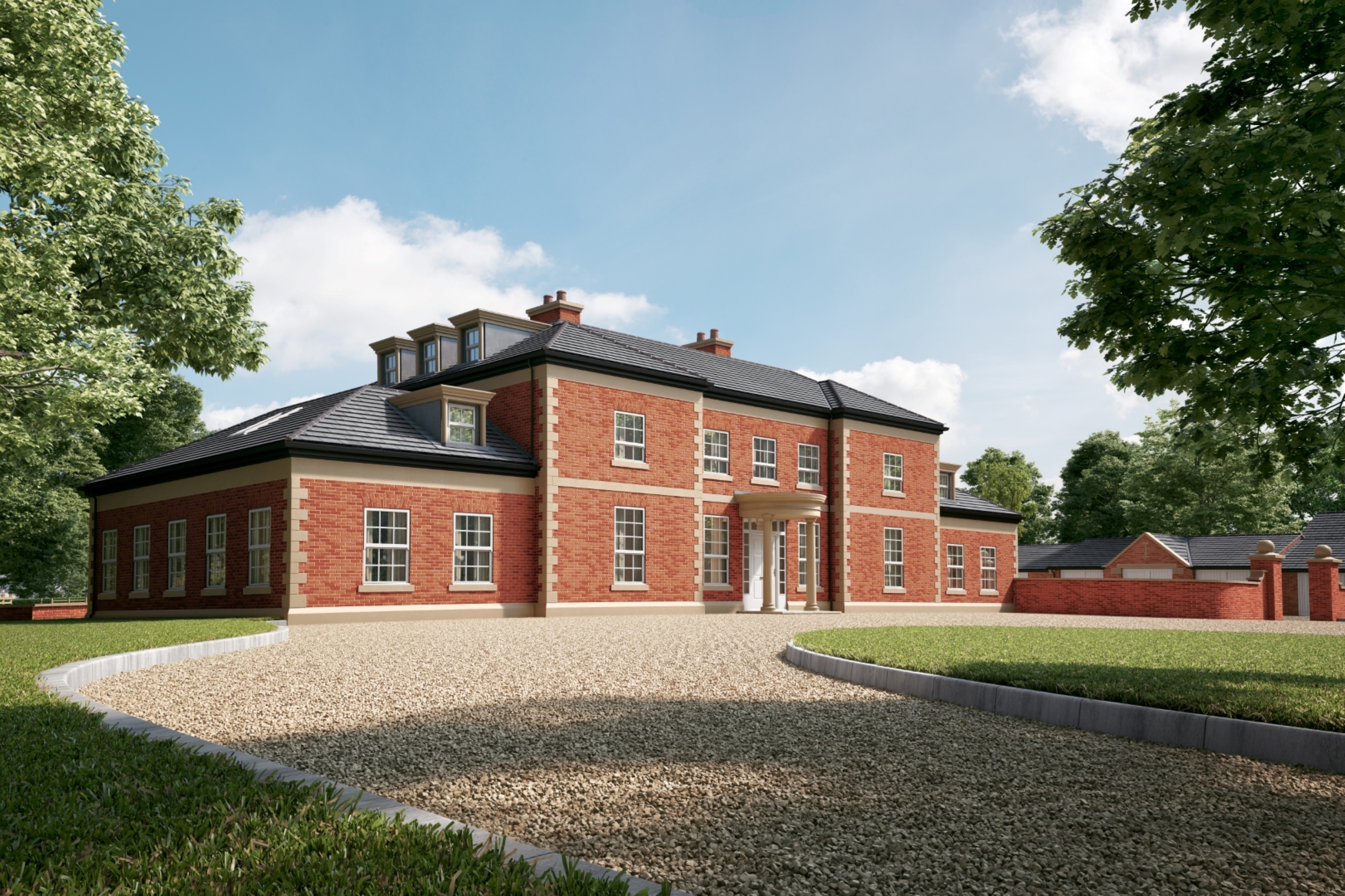 Chaseley Farm driveway CGI CGI of Chaseley Farm brick replacement dwelling with stone quoins, portico and details with gravel driveway and detached garage