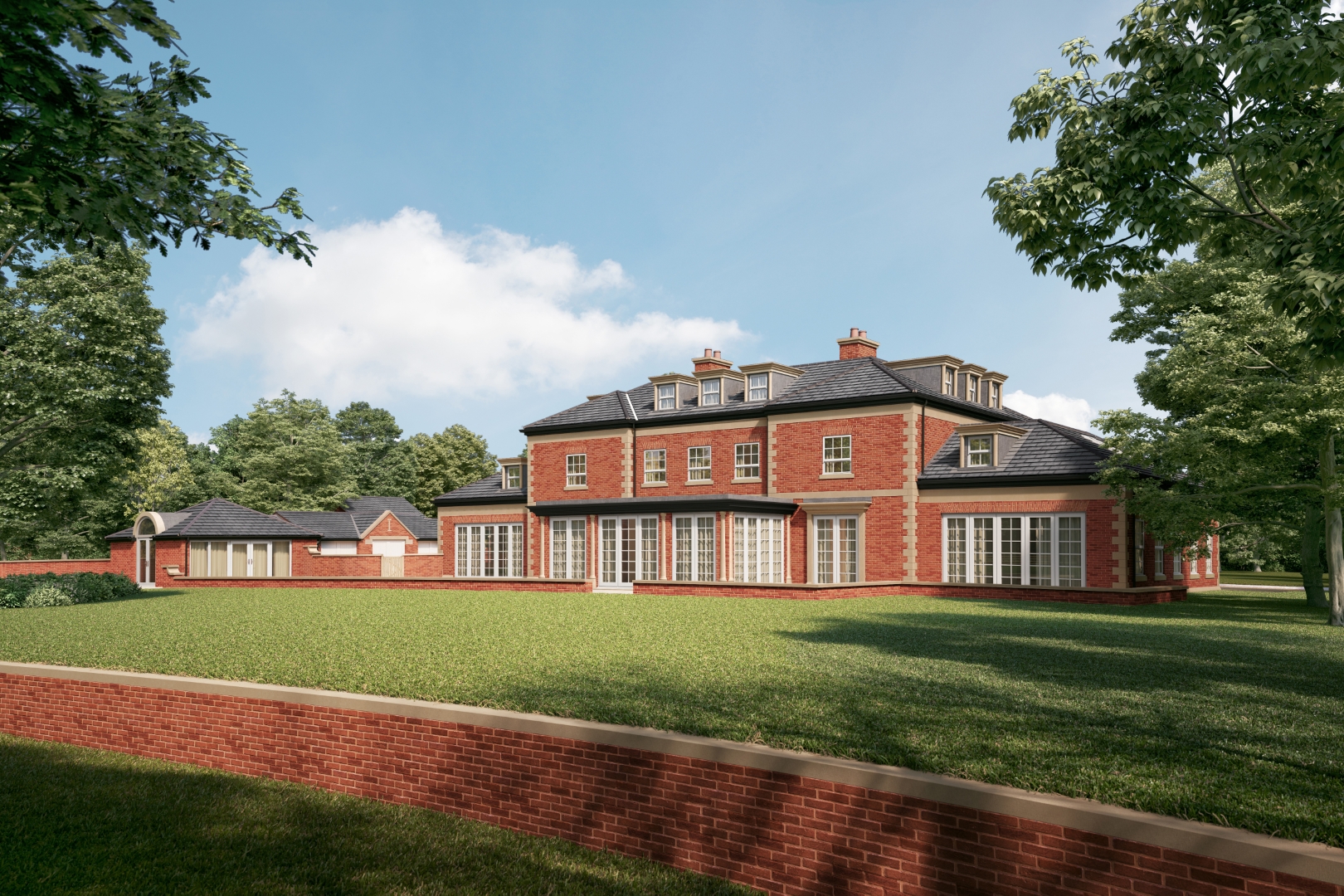 Chaseley Farm brick replacement dwelling with french doors opening onto rear patio areas