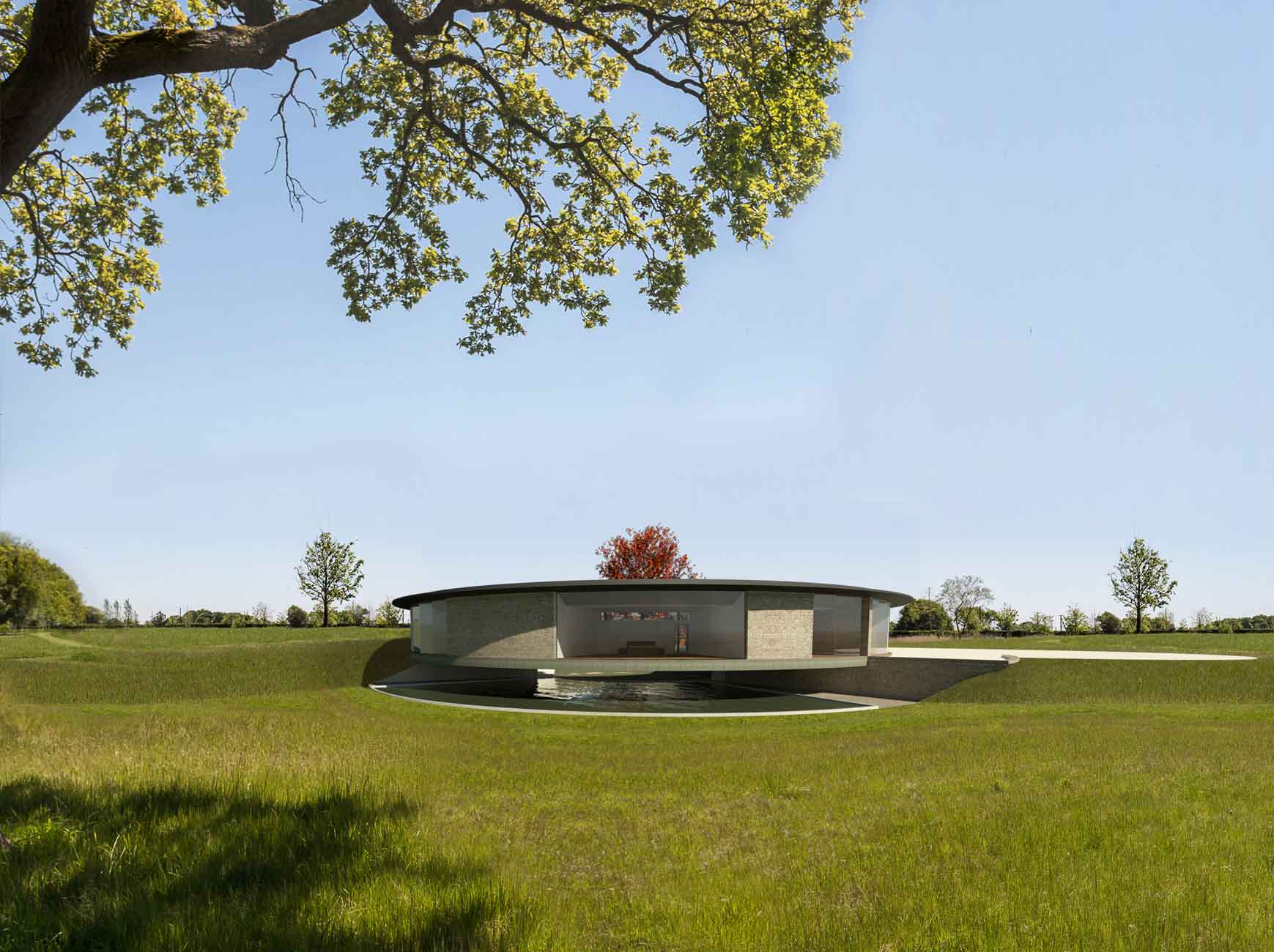 circular cantilever dwelling surrounded by grass fields, cantilevering over water