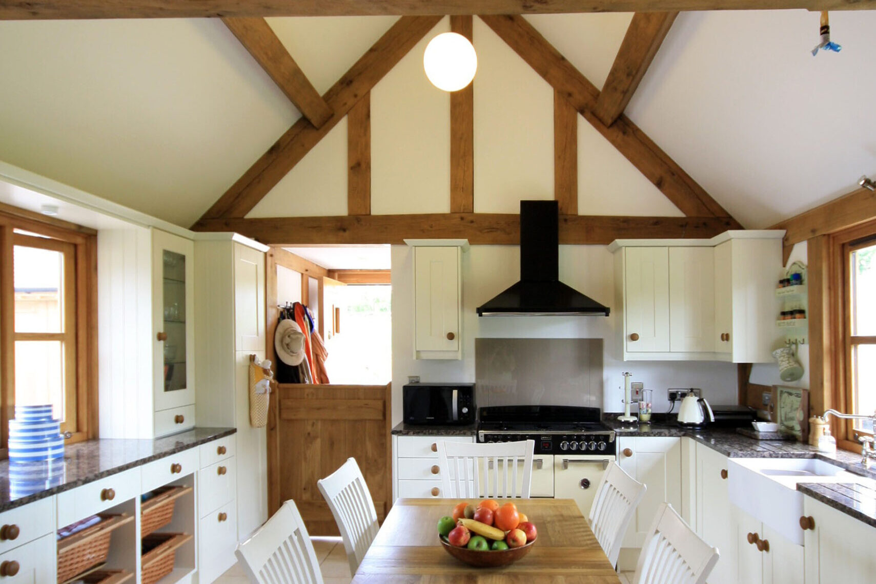 exposed timber roof structure in kitchen