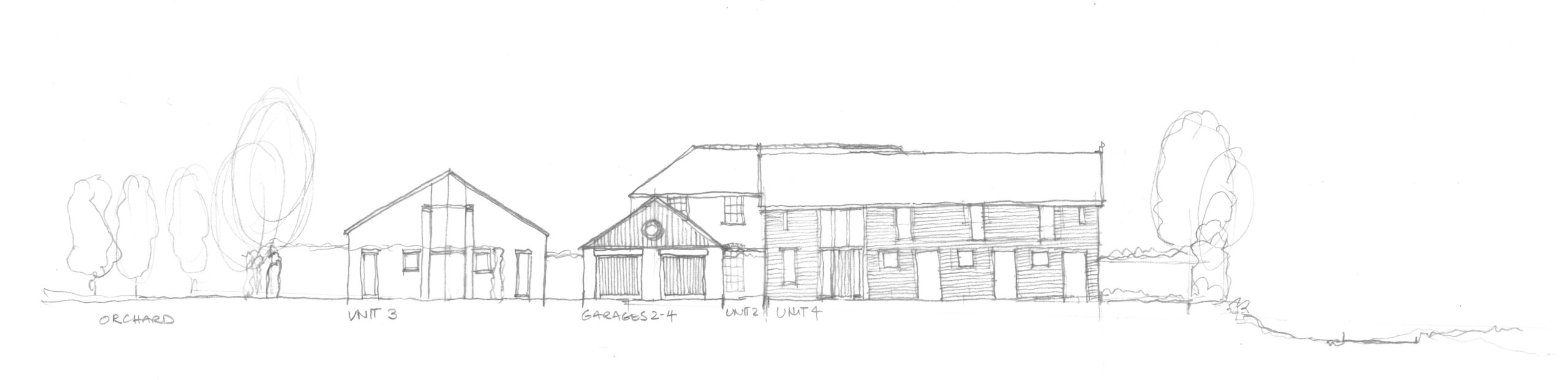 sketch east elevation of masterplan proposals at Kermincham Hall Barns