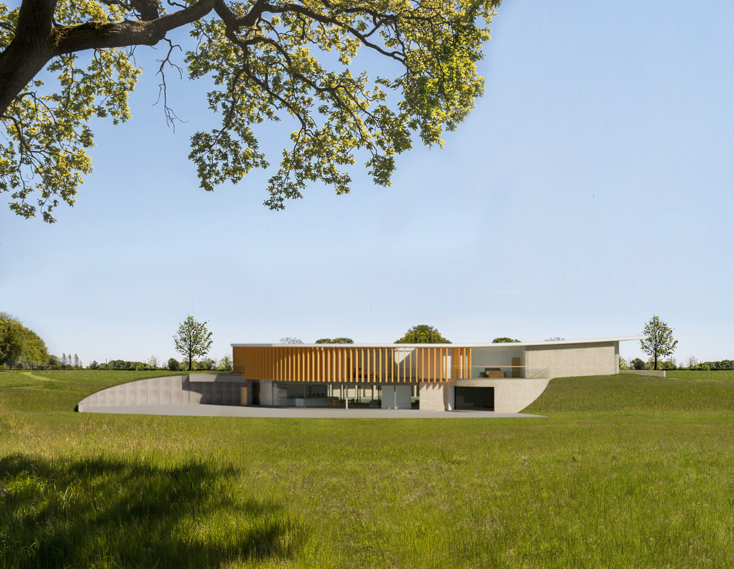 circular cantilever house with vertical solar shading systems set in a grass field