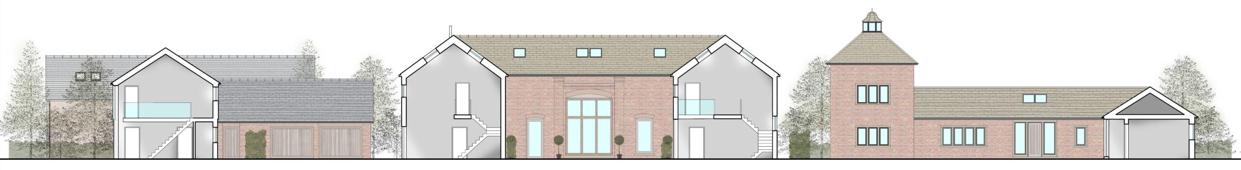 A site section cutting through four of the dwellings at Kermincham Hall Barns through new replacement dwellings, class Q conversions and extensions
