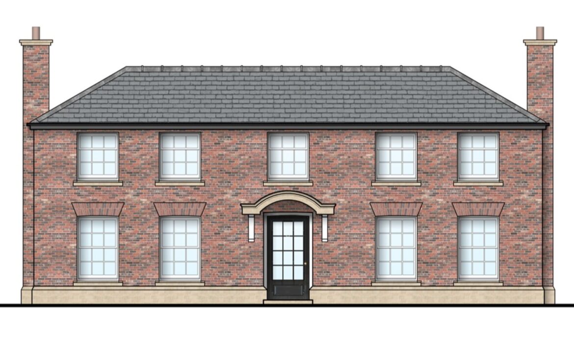 coloured front elevation of brick replacement dwelling with stone plinth