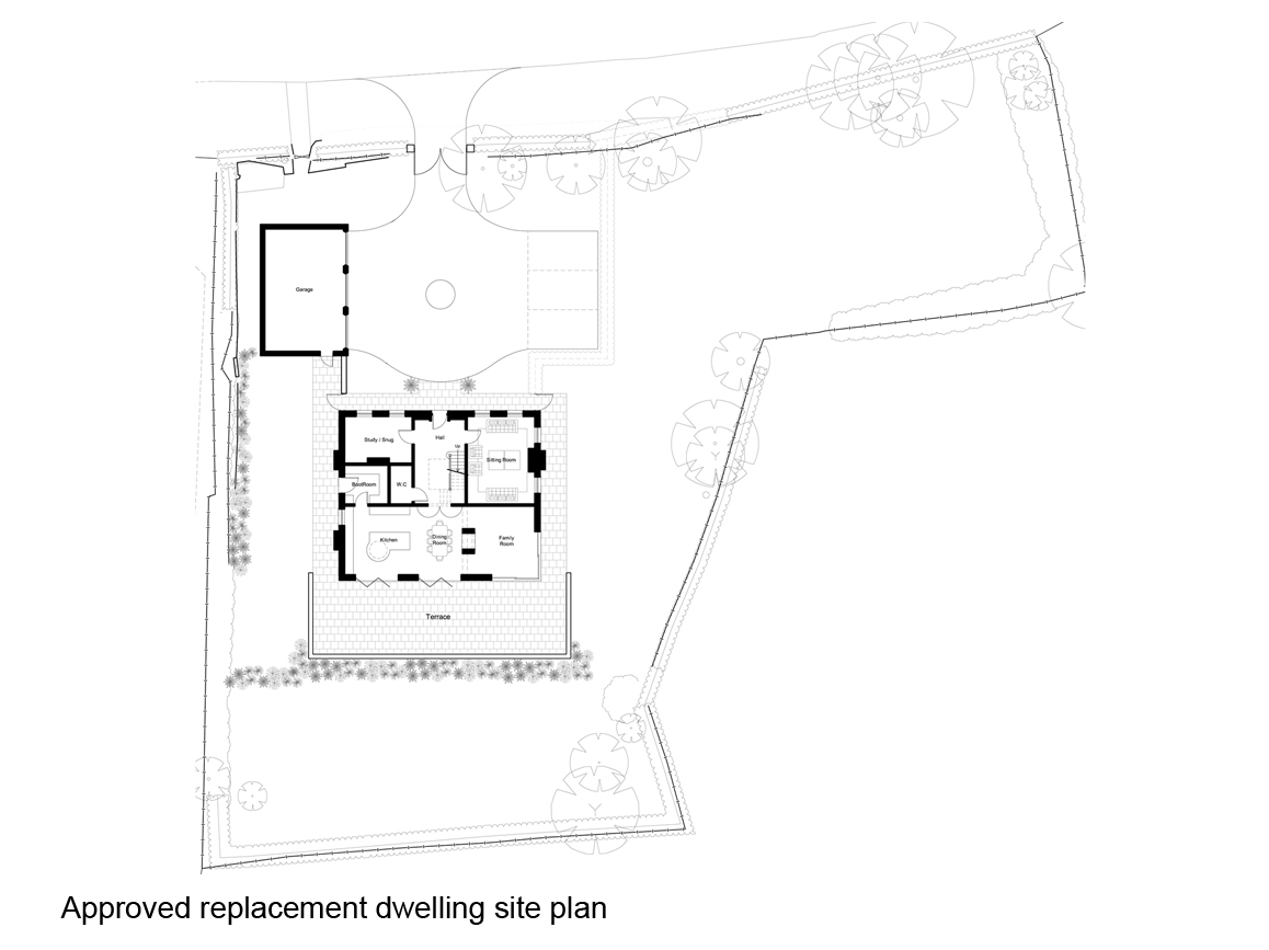 line drawing of replacement dwelling site plan achieved through multiple planning applications