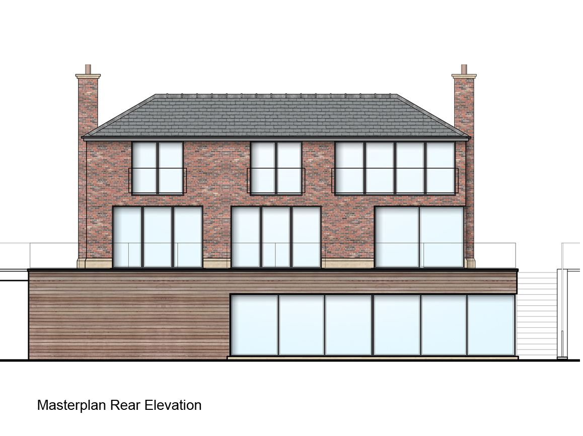 coloured rear elevation at Ivy Cottage with modern timber clad basement with large glazing looking onto rear garden with external steps from the replacement dwelling