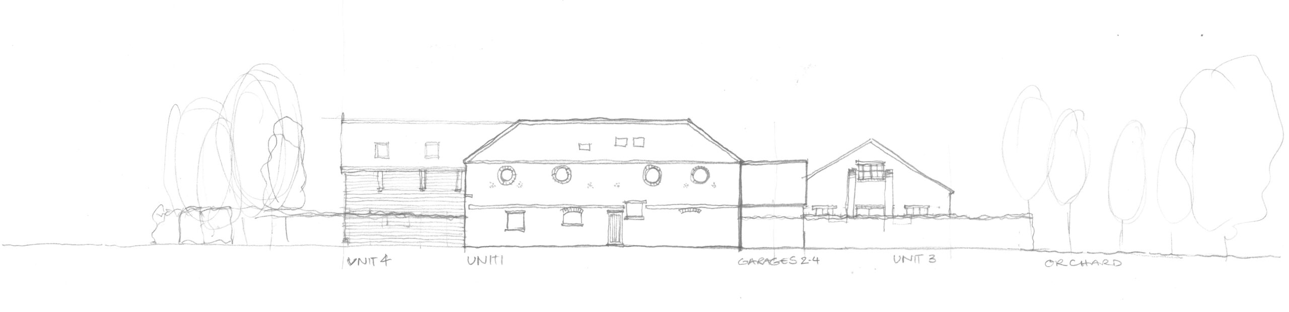sketch west elevation of masterplan proposals at Kermincham Hall Barns