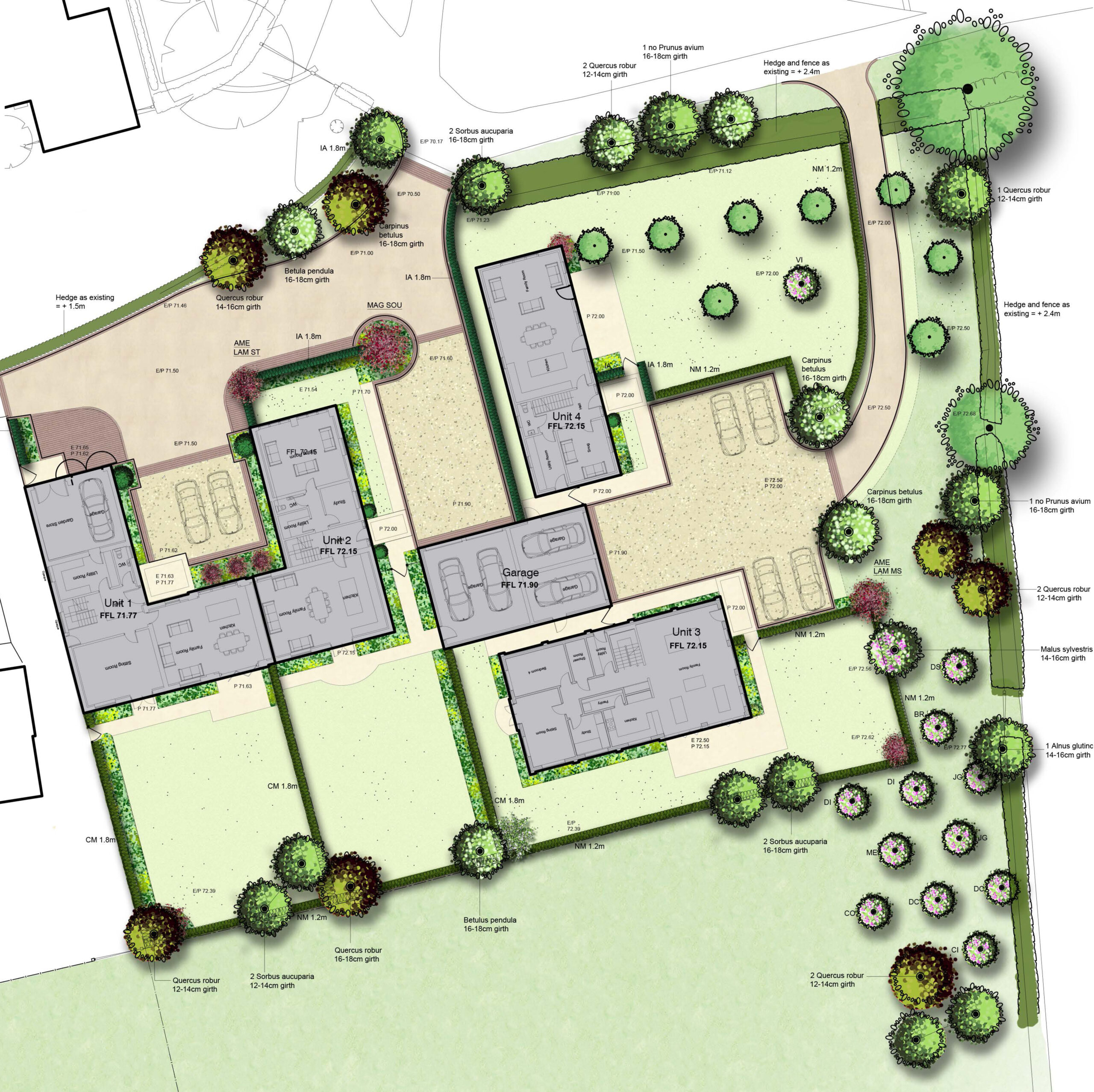 site plan and landscaping plan of the masterplan scheme at Kermincham Hall Barns with various species of trees and large areas of lawn