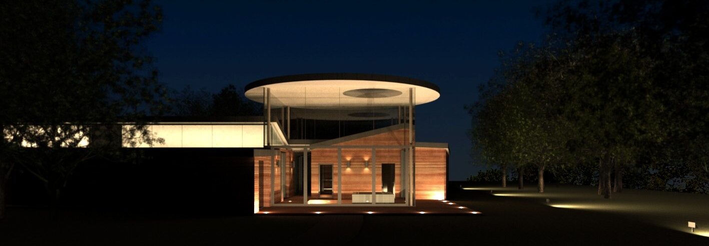 external CGI of the fully glazed area of March Hares containing Jacuzzi, sauna and steam room with circular roof