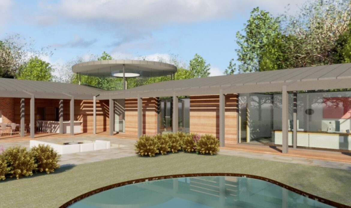 CGI of the large outbuilding at March Hares with pond and external sunken entertaining area