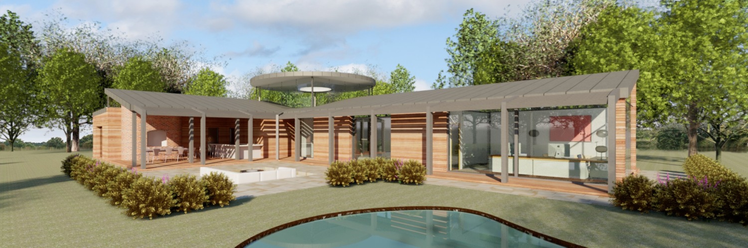 CGI of the large outbuilding at March Hares with pond and external sunken entertaining area