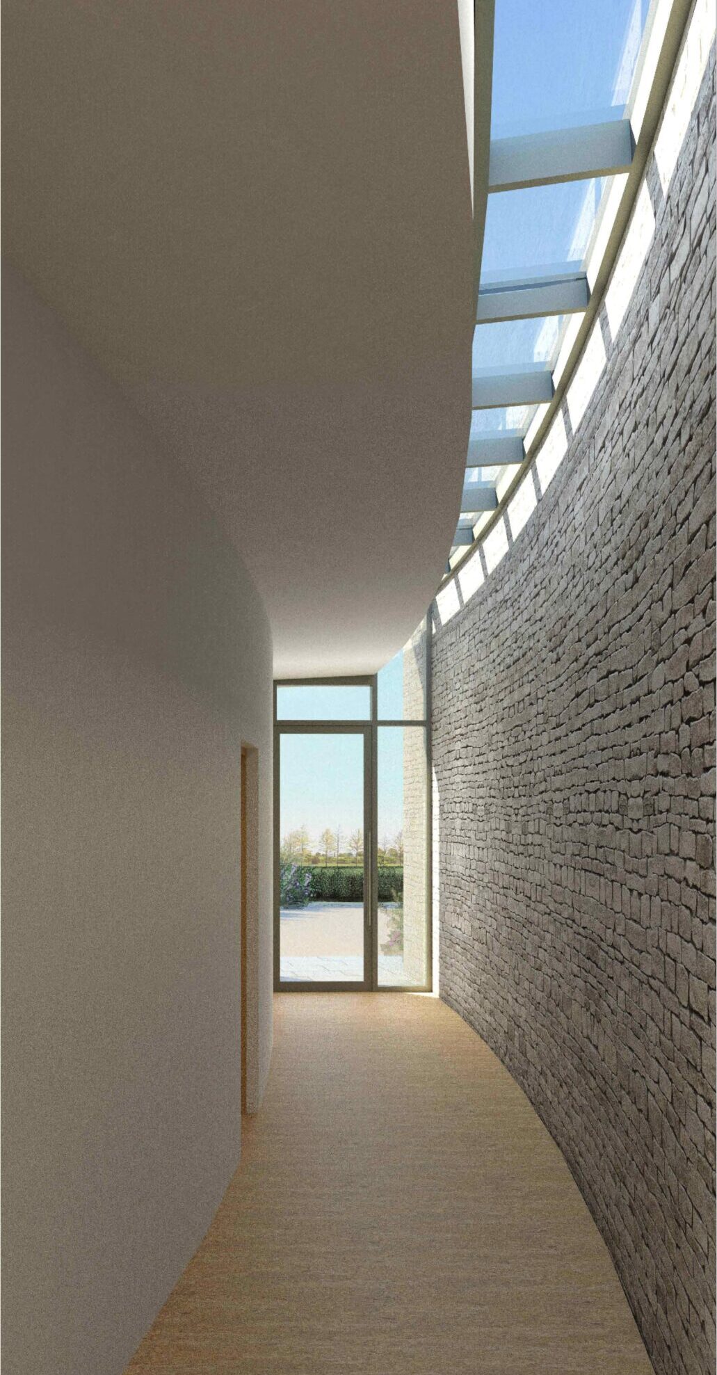 CGI of corridor with exposed stone curved wall and roof glazing along the curve