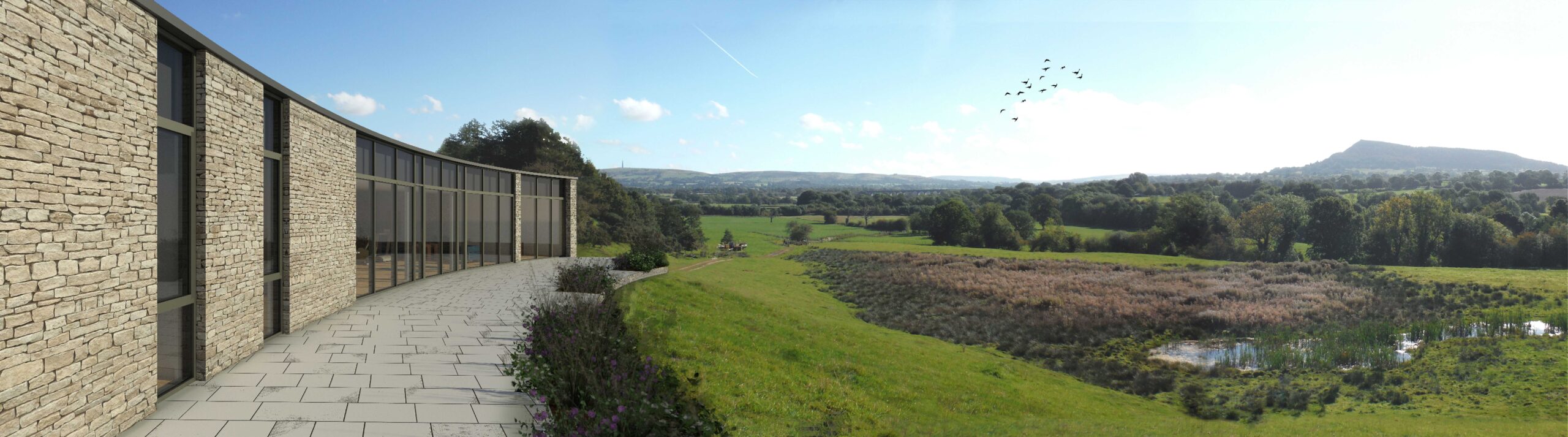 Exterior CGI of Bank Farm outbuilding with views of the Bosley Cloud in the distance