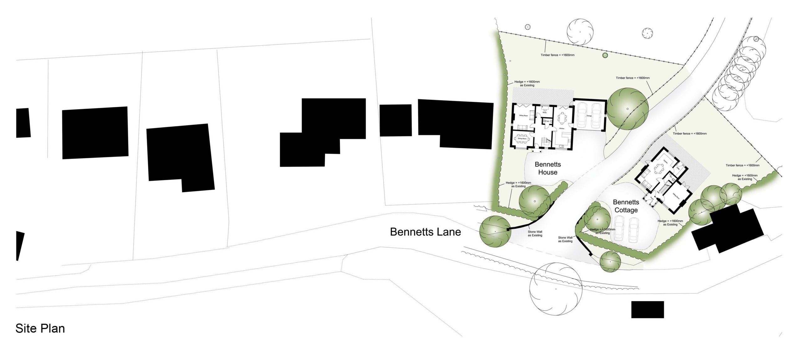 Kiln Hall Farm Site Plan coloured site plan with two dwelling types at Kiln Hall Farm