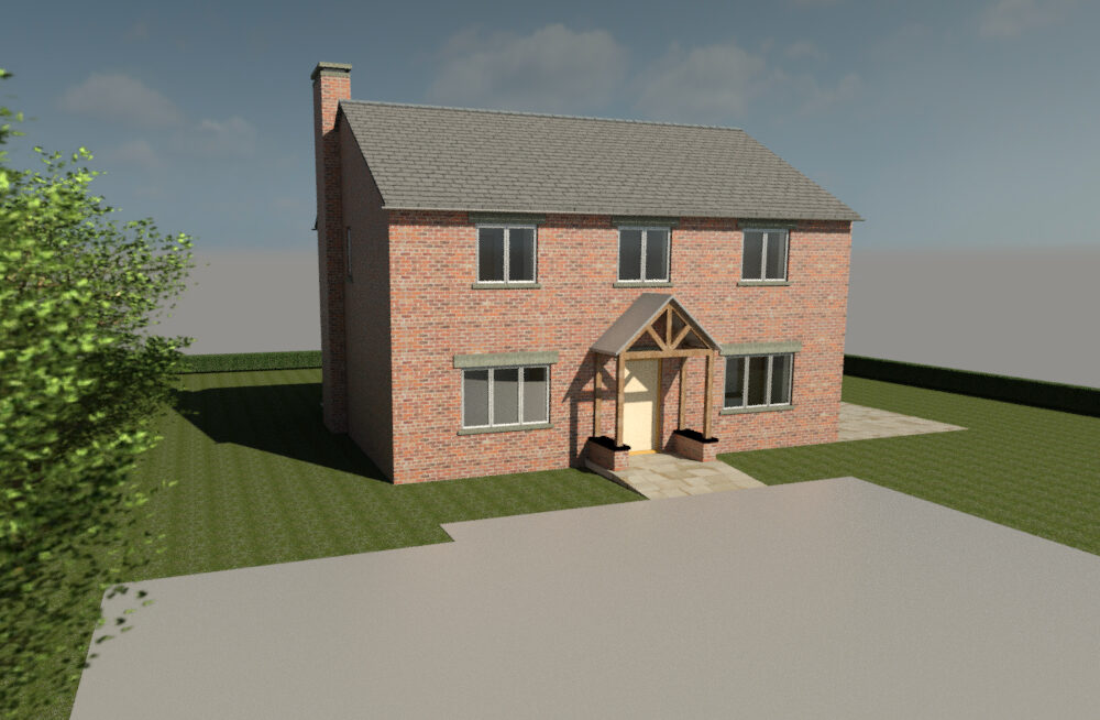 CGI of brick dwelling at Arclid Farm with timber porch to support equestrian use on site