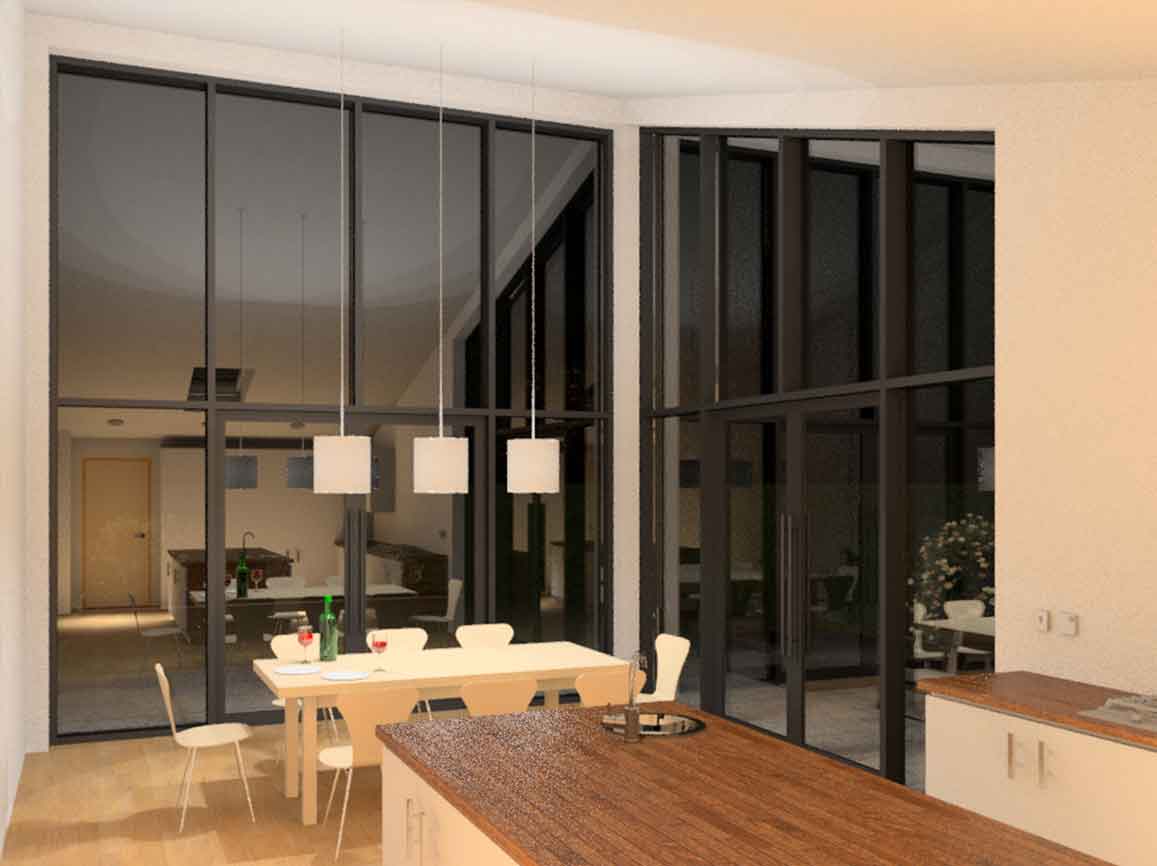 CGI of ;arge glazed opening at nighttime in dining room