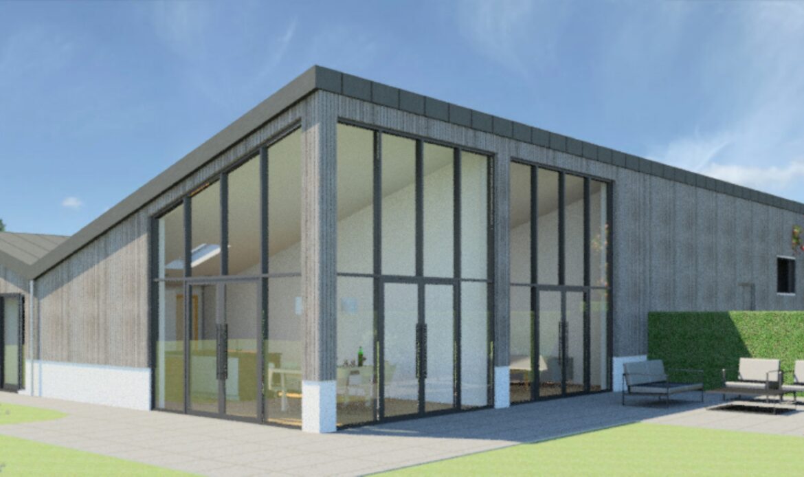 CGI of partial conversion of stables with weathered timber finish and sheet metal roof coverings
