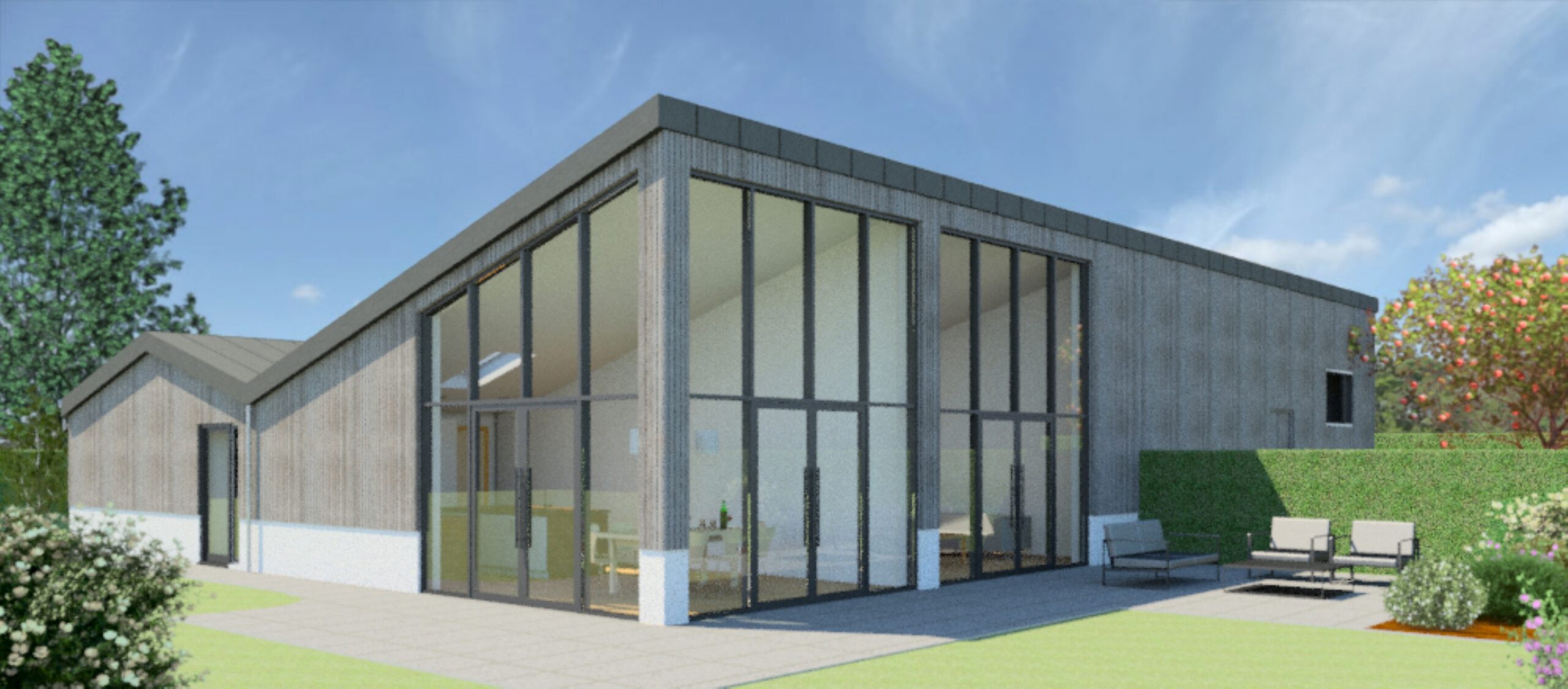 CGI of partial conversion of stables with weathered timber finish and sheet metal roof coverings