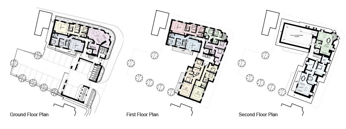 Adamsons Garage plans coloured plans defining nine different apartments for Adamsons Garage proposals