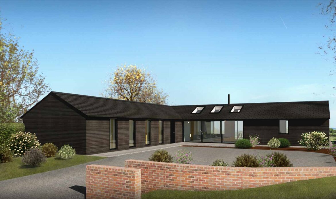 external CGI of The Stables with horizontal black timber cladding and large glazed openings and rooflights