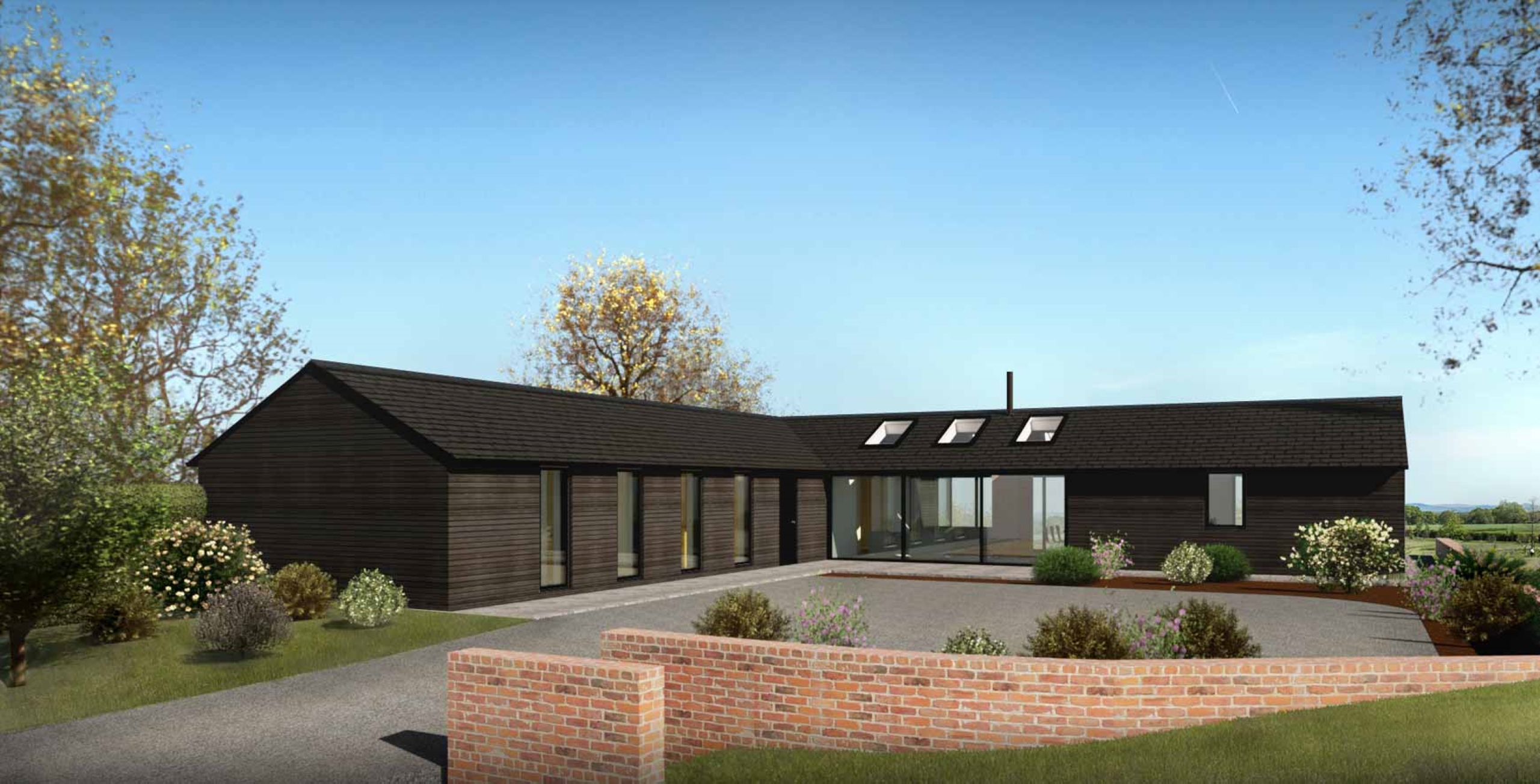 external CGI of The Stables with horizontal black timber cladding and large glazed openings and rooflights
