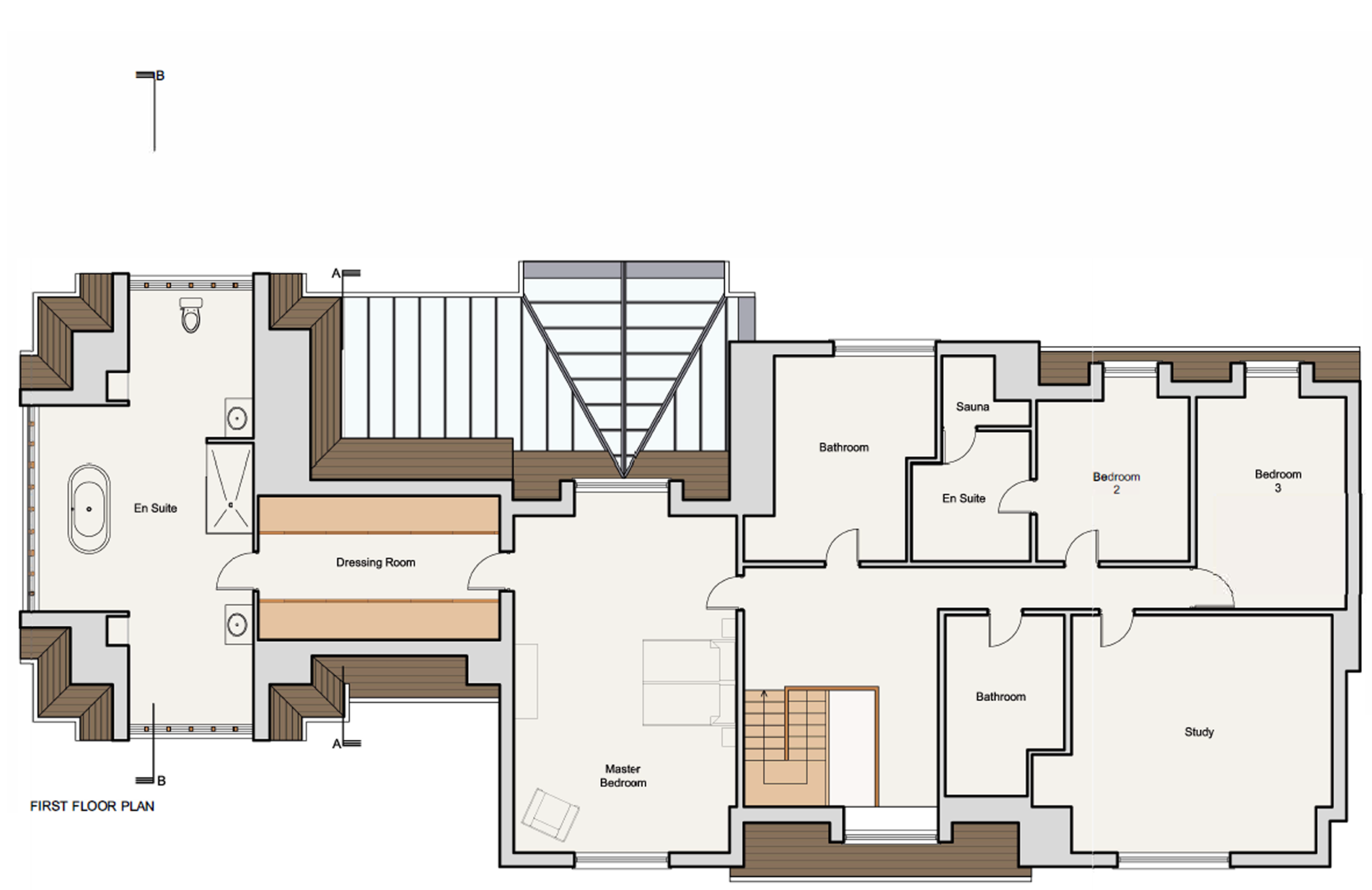 coloured first floor plan showing new extensions with master bedroom suite