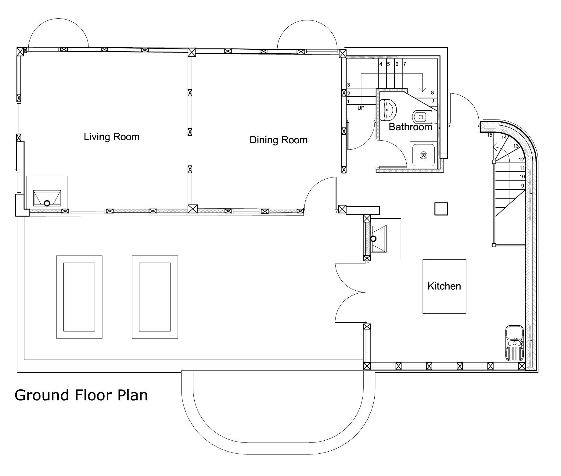 line drawing ground floor plan of barn conversion