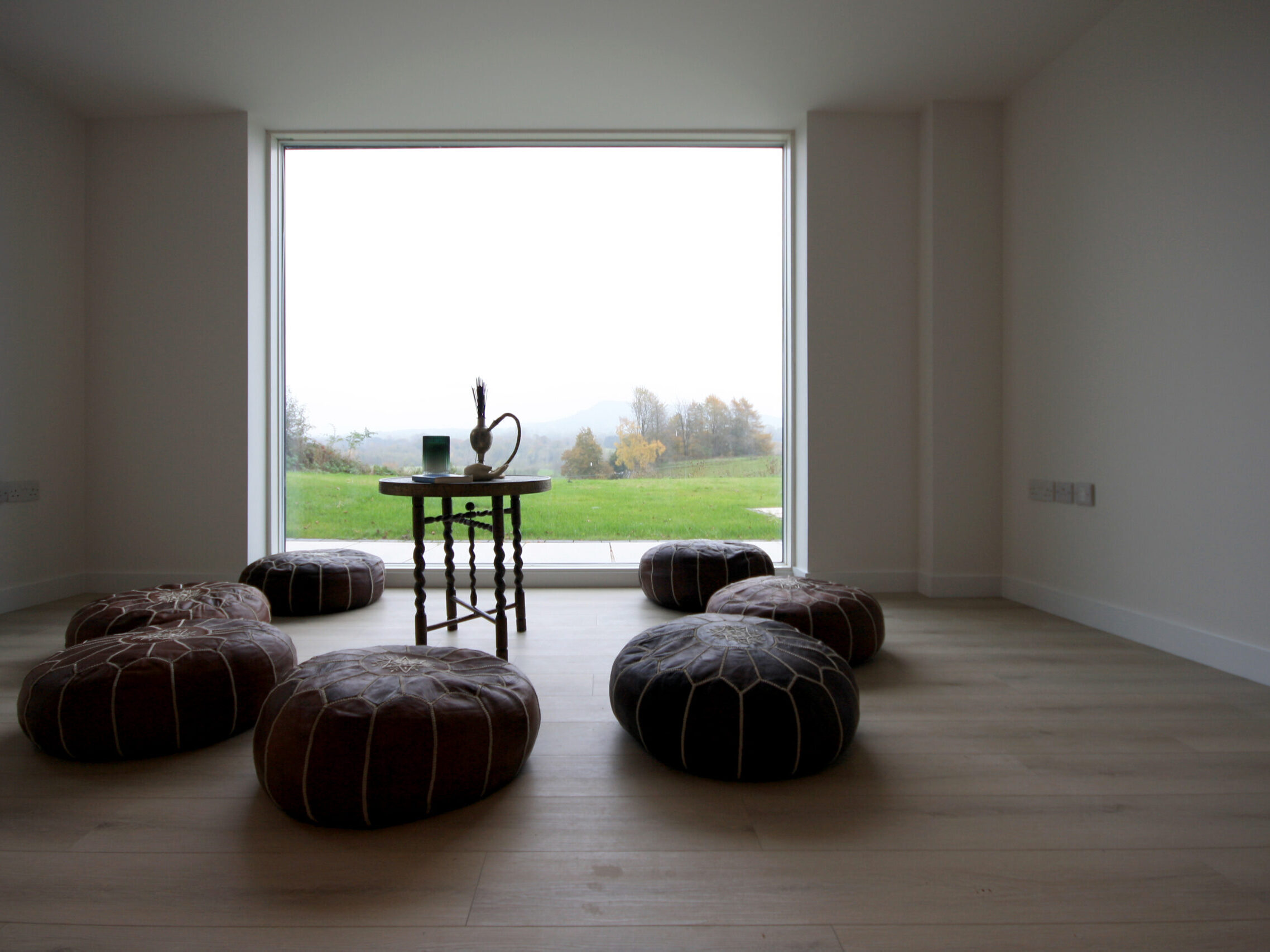 meditation room in leisure suite at Bank Farm with large opening with views of the countryside below and the Bosley Cloud